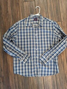 Men's Untuckit Large - Wrinkle Free - Checked Button-Up Shirt in Blue and White
